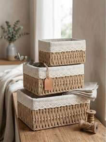 1/3 PiecesHand-Woven Storage Basket, Multi-Functional Desktop Storage Rack, Suitable For Storing Snacks And Toys, And Can Also Be Used In Kitchens, Bathrooms, Bedrooms, Etc. - Khaki - View 10