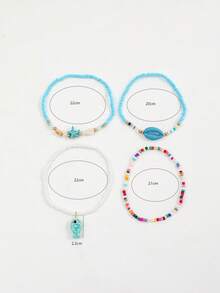 4PCS Ocean Style Blue Series Sea Fish & Starfish Pendant Anklet Set, Faux Shell & Colorful Seed Bead Elastic Cord Anklets For Women - Gold - View 6