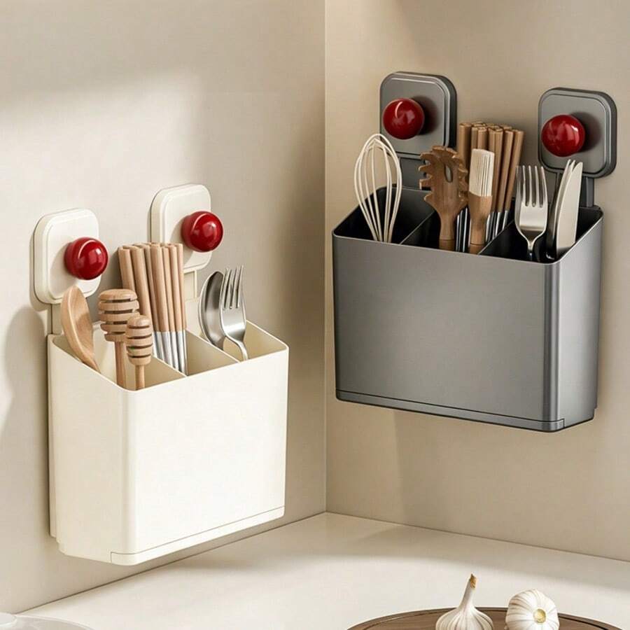 1pc Small No‑Drill Self‑Adhesive Kitchen Cutlery Organizer With Divided Compartments, Wall Or Countertop Plastic Holder For Chopsticks Spoons Forks, Space‑Saving For Sink And Small Spaces, Great For Daily Use And Christmas Kitchen Arrangement - Multicolor - View 1