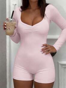 NOIRLYN Women's Fall Winter Sexy Sweetheart Neck Ruched Front Long Sleeve Jumpsuit, Fitted Butt‑Lifting Y2K Gym Romper With Built‑In Bra - Pink - View 4