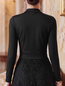 Women's Casual Black Top - Long Sleeve Stand Collar Button Crop Top, Suitable For Office Wear - Black - View 2