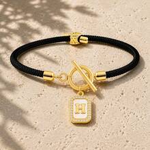 Initial Charm Black Rope Gold Plated Letter Bracelets For Women Men Toggle Closure Cubic Zirconia Tag - Yellow Gold - View 30