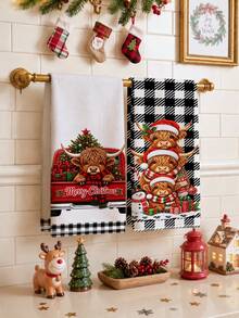 2pcs Christmas Black Plaid 3 Highland Cows Wearing Santa Hats Pattern Kitchen Towels, Soft Polyester Material Dish Cloths, Suitable For Kitchen Decor, Kitchen Cleaning, Holiday Party Decoration, Kitchen Bathroom Supplies Home Essentials, Home Decor, Housewarming Gift - Multicolor - View 2
