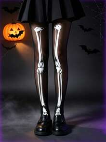 1 Pair Dark Theme Halloween Skeleton Pattern Tights, Black Leggings, Party Versatile Stockings For Kids - Black and White - View 2