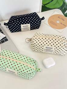 1pc Beige Background Black Polka Dot Canvas Pencil Case, Girls Style Stationery Storage Bag - Multicolor - View 6