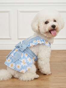 LUCKIE PAW 1pc Bow & Daisy Print Colorblock Cute Princess Style Mesh Dress For Chihuahua Small Dogs, Physical Flea Protection, Reduces Shedding, Heat-Insulating & Breathable, Suitable For Small & Large Dogs And Cats, Indoor & Outdoor - Blue - View 6
