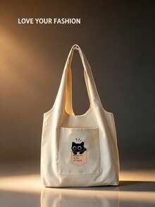 1pc Women's Beige Canvas Tote Bag With Black Cat Print, Shopping Shoulder Bag - Beige - View 1