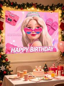 MASSDI Birthday Backdrop Pink Cartoon Themed, HD Printed Waterproof Reusable Polyester Fabric, 4 Unique Designs Optional, 95x75cm / 37.4x29.5 Inch, Easy Hanging Photo Booth Prop For Celebration Wall Ornament Gift Party Favor Decoration - Multiple Styles - View 8
