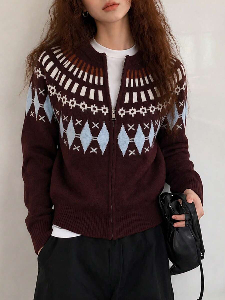 Women's Autumn/Winter Casual Vintage Pattern Round Neck Knit Cardigan Sweater Jacket - Brown - View 1