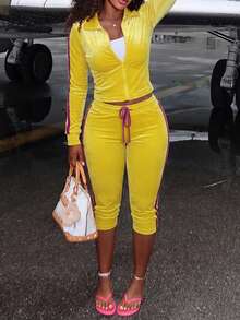 LovelyWholesale Women's Y2K Polo Collar Velvet Tracksuit, Side Stripe Zipper Jacket And Capri Pants 2 Pieces Set, Autumn/Winter - Yellow - View 1