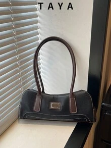 Women's Vintage Faux Leather Bowling Handbag, Silver Square Metal Decoration, Large Capacity Vintage Shoulder Bag, Suitable For Daily Commute And Travel - Black - View 2