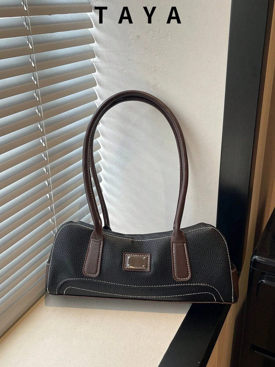 Women's Vintage Faux Leather Bowling Handbag, Silver Square Metal Decoration, Large Capacity Vintage Shoulder Bag, Suitable For Daily Commute And Travel