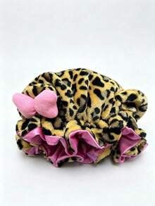 1pc Leopard Print Pink Teddy Fleece Sleep Cap, Adjustable Satin Lining Anti-Frizz Hat, Comfortable Elastic, Suitable For Natural Curly Hair - Multicolor - View 12
