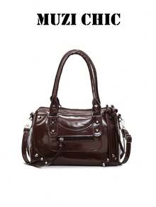 Handbag With Rivet And Tassel Decor, Handheld Or Crossbody, Zipper Closure, Sweet & Cool Y2K Style, Pillow Bag, Daily Commute And Date, Large Capacity Multi-Compartment Design, And Unique, Matches Various Outfits, Eye-Catching Look, Meets Daily Storage Needs, Creates Atmospheric Outfit - Brown - View 11