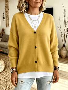Plus Size Women Fall Winter V‑Neck Button Front Knit Cardigan, Drop Shoulder Long Sleeve Loose Soft Knit Casual Sweater Coat - Mustard Yellow - View 5