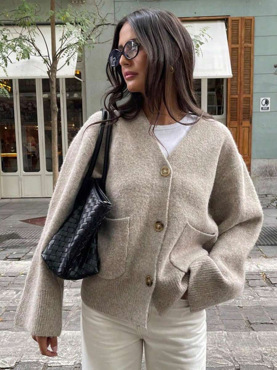 Women's Niche Design Versatile Solid Color Knit Cardigan Jacket With Pockets, Casual Loose Single-Breasted Lazy Style - Khaki - View 1