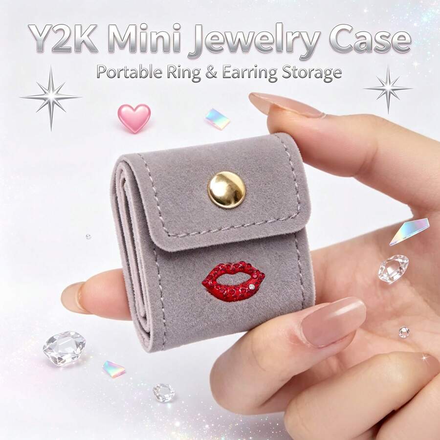 Tas Penyimpanan Perhiasan Mini dengan Dekorasi Bibir Berlian Imitasi, Organizer Cincin & Anting Portabel dengan Kancing Jepret, Kotak Perhiasan Kecil yang Dapat Dilipat, Kantong Aksesori Perjalanan yang Ringkas, Ringan untuk Penggunaan Sehari-hari & Perjalanan, Hadiah Istimewa untuk Kolektor Perhiasan