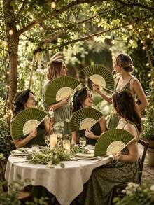 2/3/15/30pcs Elegant Green Wedding Folding Fan Set, Includes Tags And Gift Bags, Bride Bamboo Handheld Folding Fan, Suitable As Bridesmaid Gift And Wedding Decoration, Also Applicable For Party Events, Perfect Summer Accessory - Multicolor - View 7