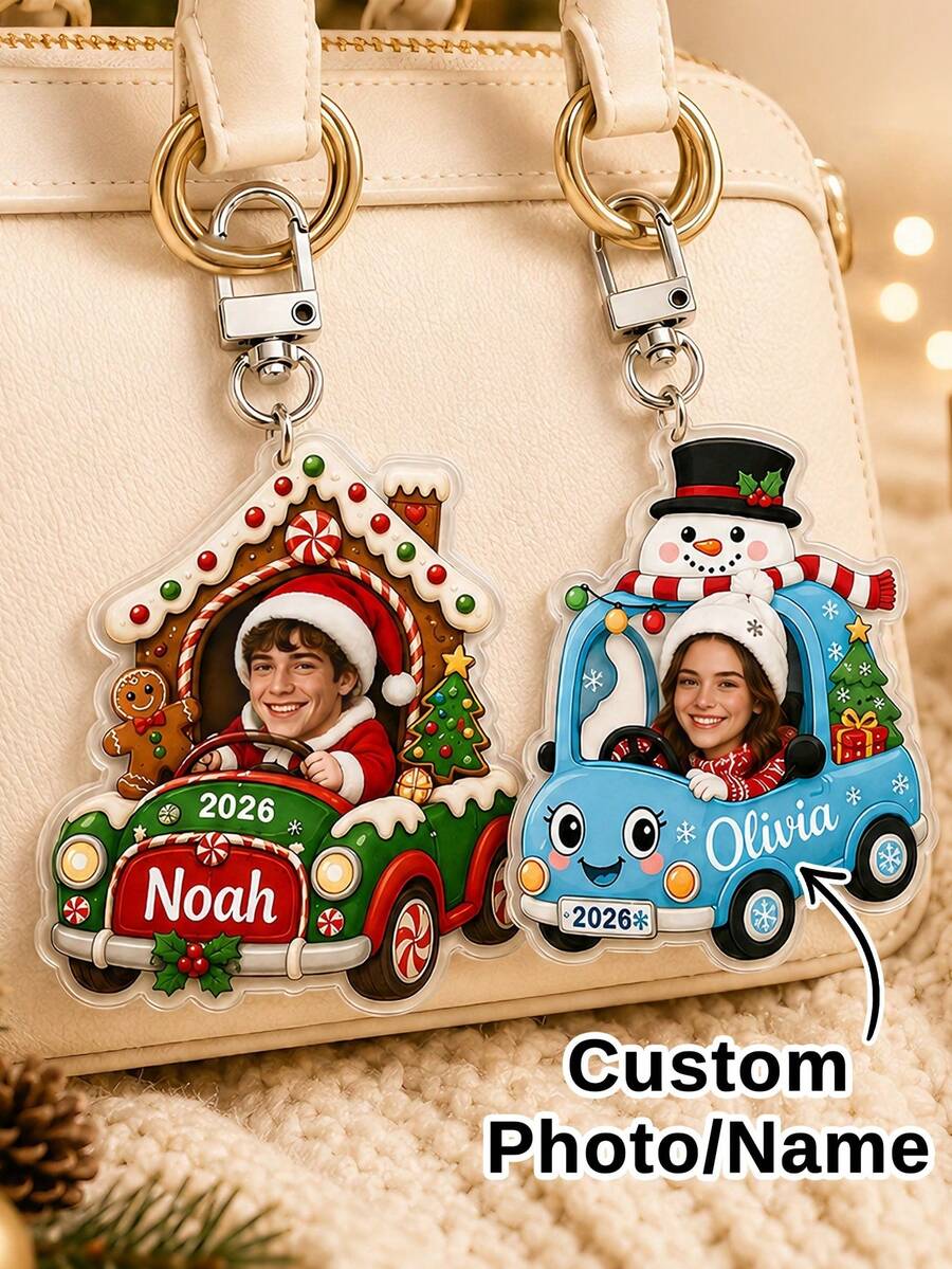 Custom Keychain Christmas Car Photo Charm, Festive Holiday Bag Charm, Personalized Keychain With Name, Whimsical Xmas Car Ornament, Customized Photo Gift For Family & Friends, Customizable Picture Christmas Bag Accessory, Stocking Stuffer Gift - Style a - View 1