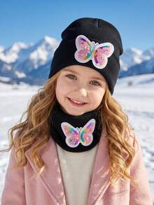 3pcs 3-15Y Embroidered Sequin Bow Knit Hat + Scarf 2-Piece Set, Solid Color New Style Hat Set - 2PCS - View 14
