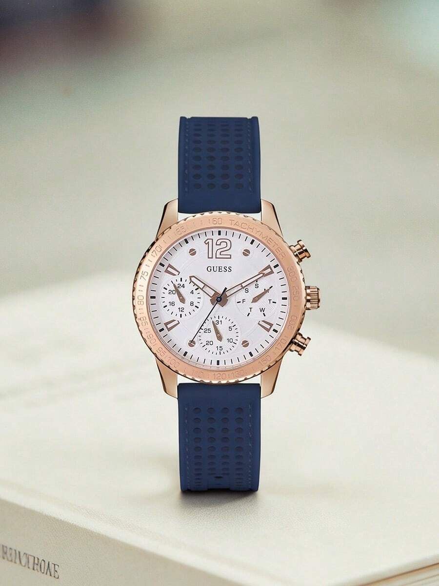 GUESS W1025L4 女款石英計時碼錶,玫瑰金測速錶殼,白色多功能錶盤,海軍藍穿孔矽膠錶帶 - 寬1025長4 - 查看 1