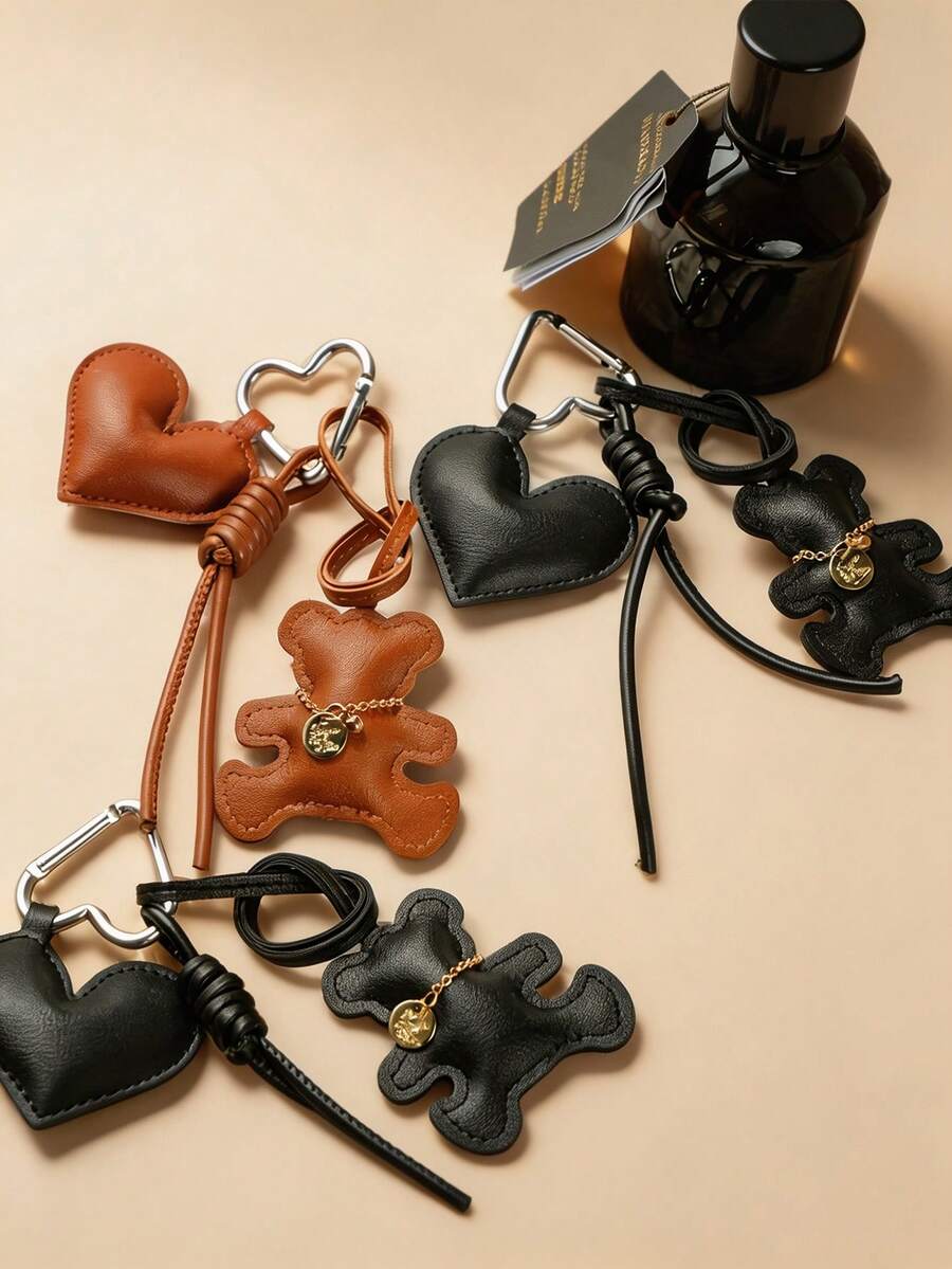 Vintage PU Bear & Heart Bag Charm Keychain, Heart Pendant With Knotted Leather Strap, Car Keychain, Purse Decor, Bag Accessory, Gift For Women - Multicolor - View 1