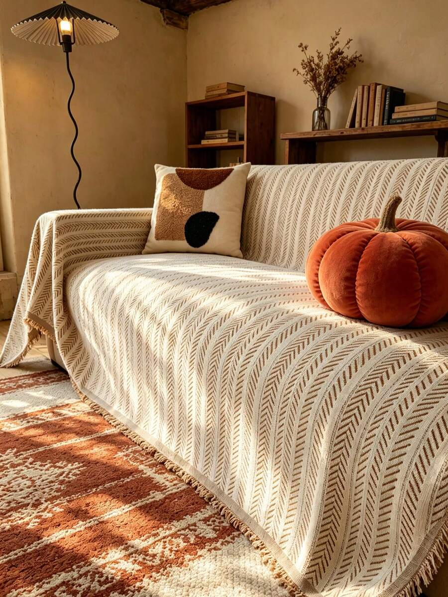 1pc Beige & Coffee Geometric Jacquard Full Coverage Sofa Cover, Retro Minimalist Bohemian Style Polyester Rectangular Sofa Throw, Tassel Edge Soft Decorative Furniture Slipcover, Suitable For Living Room Sofa, Armchair, All-Season Indoor & Outdoor Home Decor - Khaki - View 1