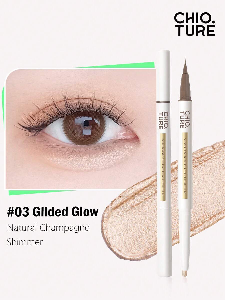 CHIOTURE Pensil Eyeshadow Dua Ujung, Cairan Pencerah Berkilau dan Hasil Akhir Matte Alami Tanpa Riasan, Mencerahkan Lipatan Kelopak Mata & Menggambar Garis Bulu Mata Bawah, Pensil Serbaguna 2-in-1, Ramah untuk Pemula - #03 Kilauan Emas - View 1