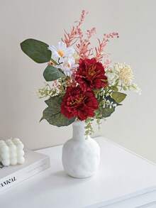 1 Bunch 43cm Artificial Flowers, Including Artificial Peony Ball Chrysanthemum And Eucalyptus Leaves, Realistic Touch, Suitable For Vase, Home, Hotel Room, Wedding Decoration And Table Centerpiece - Red - View 8