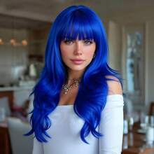 70cm Royal Blue Long Curly Wig With Bangs, Fluffy Natural Full Head Cover, Comfortable And Breathable, Suitable For Daily Wear, Festivals, Parties, Music Festivals, Halloween, Christmas Wear And Costume - Blue - View 8
