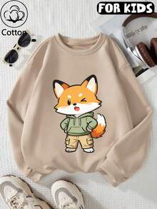 Tween Girl Round Neck Sweatshirt, Cartoon Winking Fox Print Sweatshirt, Pure Cotton Pullover - Apricot - View 1