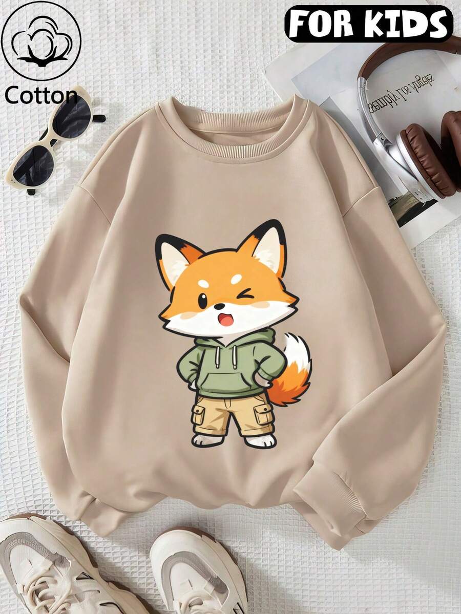 Tween Girl Round Neck Sweatshirt, Cartoon Winking Fox Print Sweatshirt, Pure Cotton Pullover - Apricot - View 1