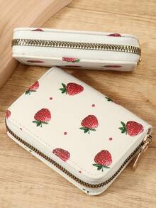 Fashionable Strawberry Printed Simple Portable Coin Wallet Zipper, Multi Slot Simple Credit Card Holder, Multi-Purpose Women's Wallet Card Bag - White - View 1