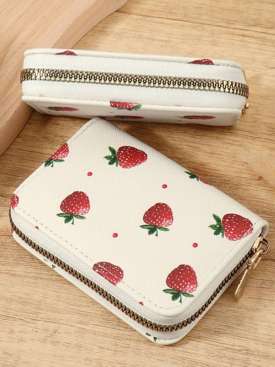 Fashionable Strawberry Printed Simple Portable Coin Wallet Zipper, Multi Slot Simple Credit Card Holder, Multi-Purpose Women's Wallet Card Bag - White - View 1