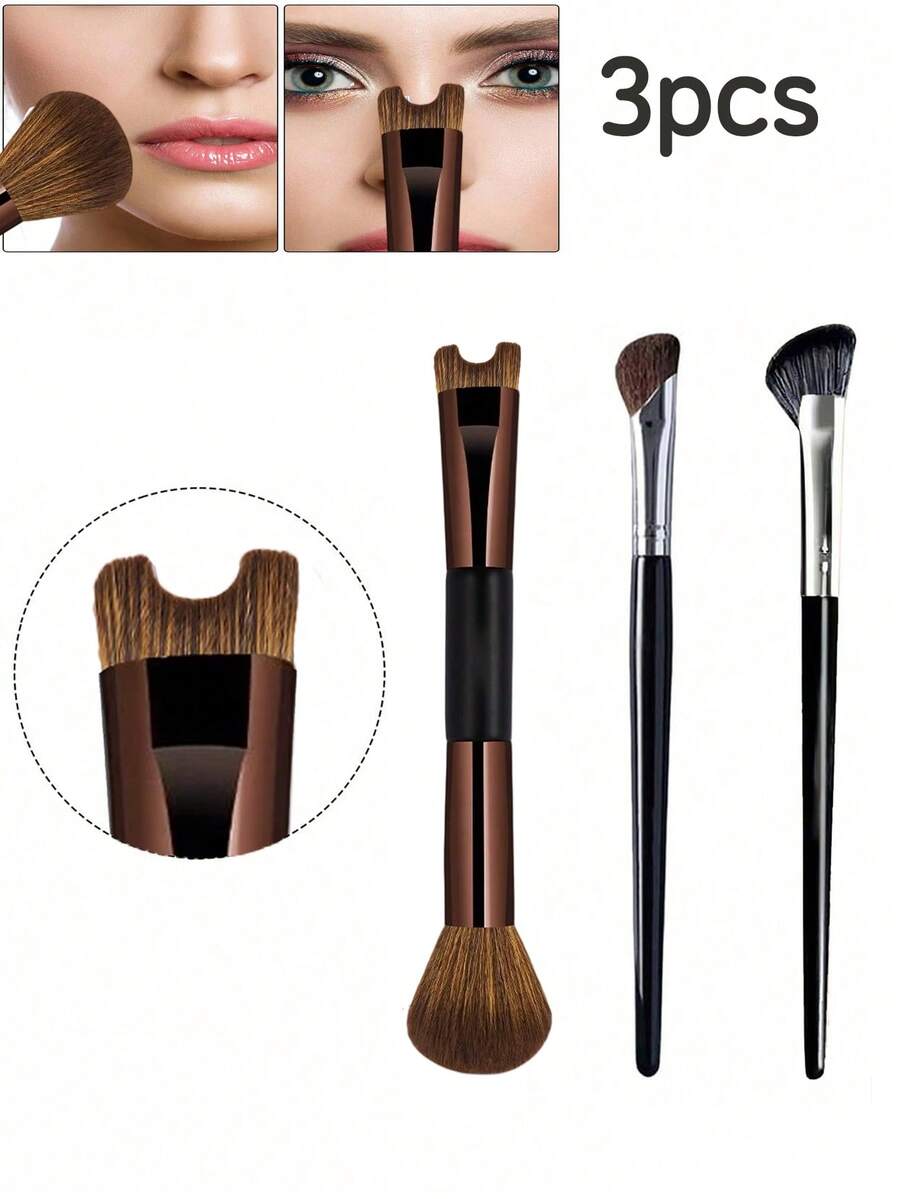 2/3 PCS Dual-End Nose Contour Brush For Makeup, 2-In-1 U-Shaped Contour Nose Brush, Fluffy And Angled Brushes Set For Sculpting, Defining, Highlighting And Blending - Black - View 1