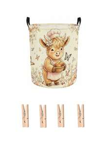 Cute Highland Cow Floral Print Laundry Hamper, Collapsible Large‑Capacity Storage Basket With Handles, Clothing Storage, Unisex, Essential For Daily Home And Dorm Use - Multicolor - View 17