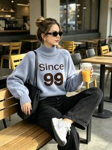 Autumn/Winter Thick Vintage Letter 99 Print Mock Neck Sweater Women Loose Drop Shoulder Short Knit Top - Blue - View 3