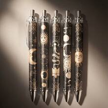 10/5pcs Black & Gold Vintage Sun Moon Astrology Celestial Star Map Tarot Design Universe Star Chart Click Pens, Artistic Student Study Pens - Sets - View 1