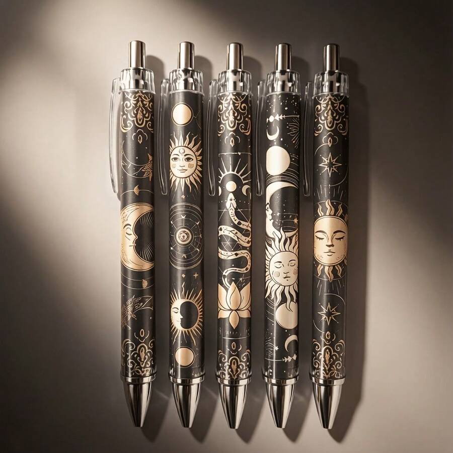 10/5pcs Black & Gold Vintage Sun Moon Astrology Celestial Star Map Tarot Design Universe Star Chart Click Pens, Artistic Student Study Pens - Sets - View 1