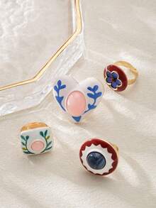 1pc Creative Design Fresh Pastoral Style Painted Geometric Open Ring Elegant Versatile Women's Hand Jewelry Suitable For Daily Wear And Date Party - Multicolor - View 4