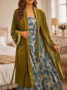 Scacto Women's Olive Green Velvet Long Robe Coat, Shawl Collar Belted Kimono Cardigan With Pockets, Elegant Loose Fit Vintage Boho Loungewear Outerwear - Olive Green - View 2