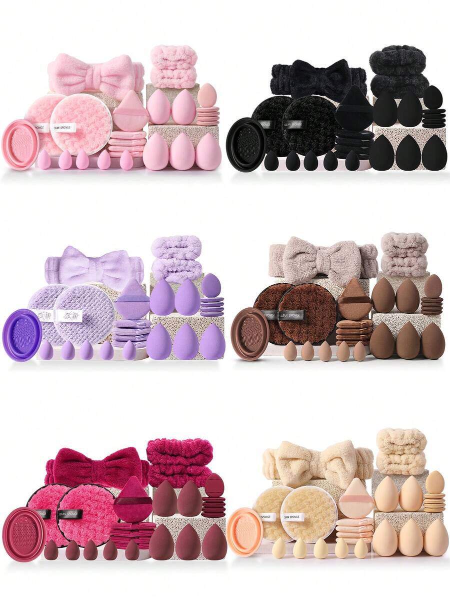 26Pcs All‑In‑One Cosmetic Accessory Kit, Assorted Soft Multi‑Shape Makeup Sponges, Triangle Powder Puffs, Reusable Makeup Remover Pads, Brush Washing Bowl, Cute Bow Facial Headbands, Multi‑Color Option, Versatile Face Tools For Liquid - Multicolor - View 1