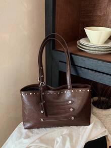 New Vintage-Style Rivet-Embellished PU Women's Tote Bag: Fall/Winter Large-Capacity Shoulder Bag-Versatile Brown Handbag For Shopping And Commuting - Coffee - View 9