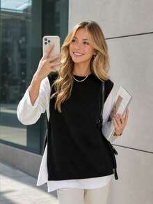 Alicedudu Women's Autumn/Winter Minimalist Round Neck Side Slit Design Pullover Vest - Black - View 4