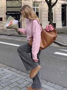 Halloween Academy Style Gentle & Sweet, Pink Cable Knit Sweater, Loose Fit Autumn Back To School Outfit - Pink - View 3