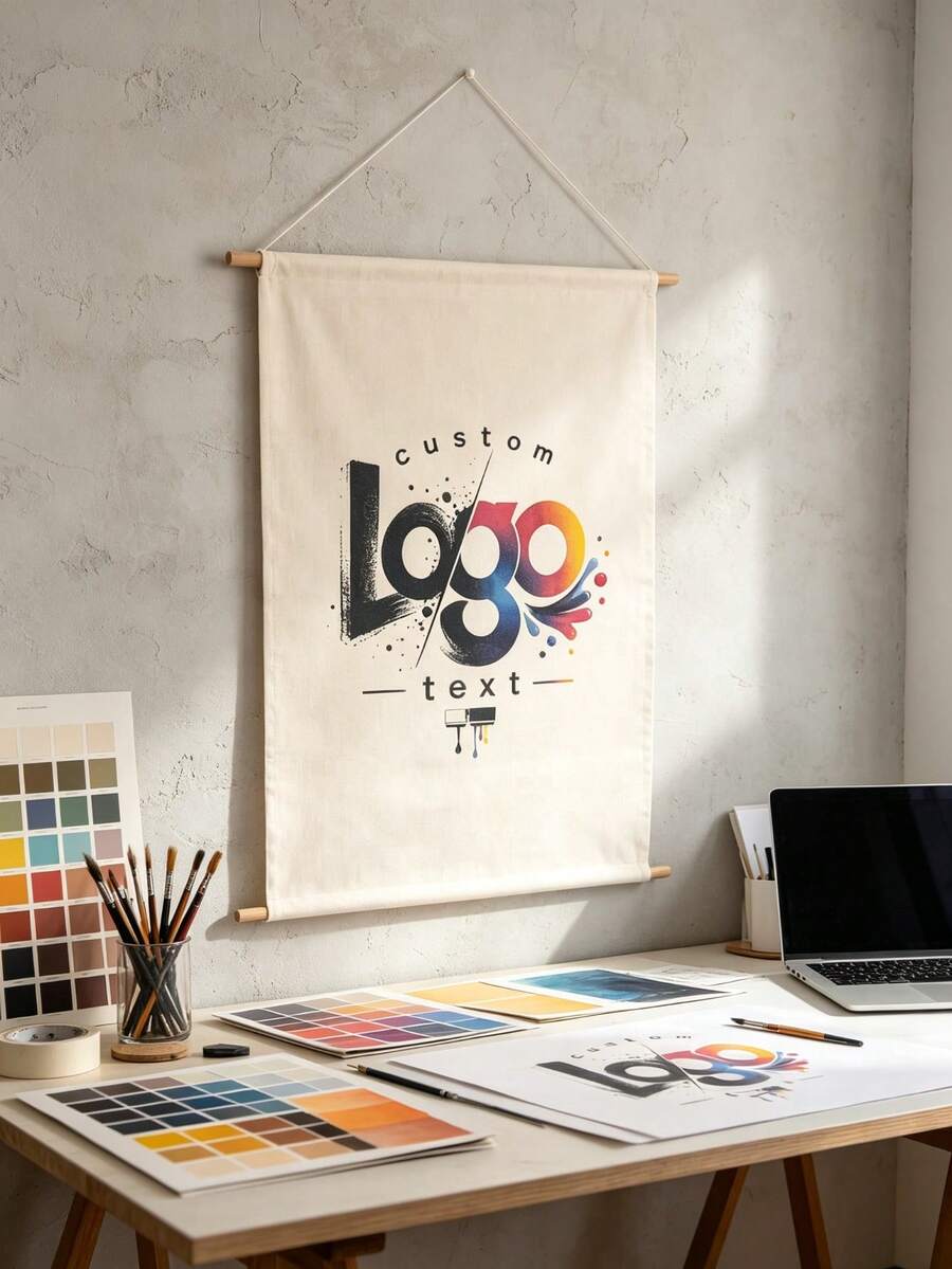 1件客製化Logo垂直商業招牌，可個性化您的Logo/文字懸掛布製橫幅，市集展示、快閃店品牌推廣、攤位展覽 - 彩色 - 查看 1