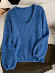 Atasan Sweater Rajut Minimalis Serbaguna Wanita dengan Leher V Longgar, Cocok untuk Pakaian Sehari-hari Musim Gugur/Dingin - Biru - View 6