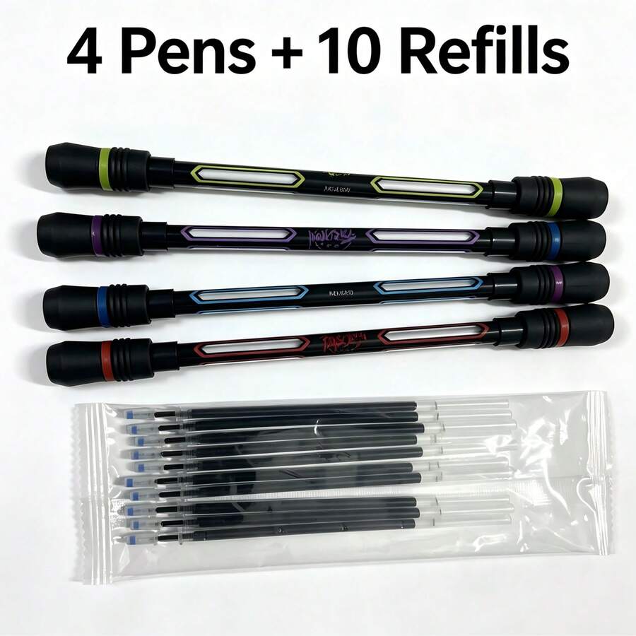 Cool Spinning Pens, Fun For Your Fingertips! Smooth Pen Body With Colorful Non-Slip Silicone Ends, Eye-Catching Design, Comfortable Grip, Beginners Can Easily Practice Pen Spinning. This Set Includes 4 Spinning Pens + 10 Replaceable Refills, Refills Are Detachable And Replaceable, Both A Stress-Relief Toy And A Practical Neutral Ink Pen. In Your Spare Time And After Class, Spin The Pen In Your Hand To Relieve Study Pressure - Fidget Pen - View 1