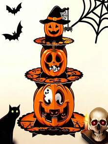 1pc Halloween 3-Tier Cake Display Stand, Paper Pumpkin Dessert Tray, Halloween Party Supplies, 3-Tier Paper Cake Display Rack, Autumn Harvest Table Decor, Ghost Theme Cupcake Stand, Desktop Dessert Display Rack, Halloween Room Decor, Birthday Party Table Decor, Mysterious Theme Table Decor, Home Decor, Household Storage Tray - Multicolor - View 4