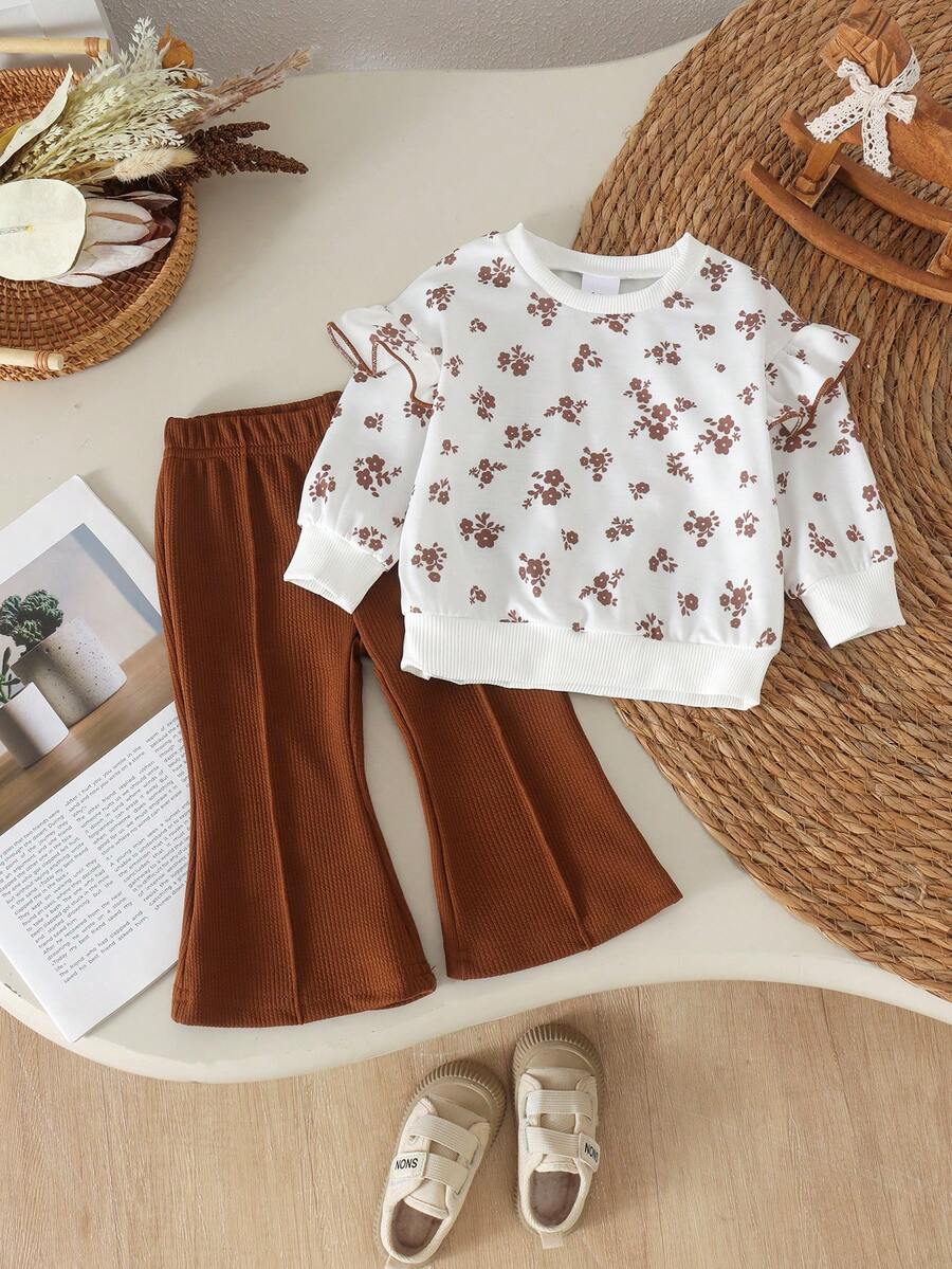 2pcs Baby Girl Cute Casual Printed Long Sleeve Sweatshirt & Flared Pants Set, Thin For Spring/Autumn - Coffee Brown - View 1